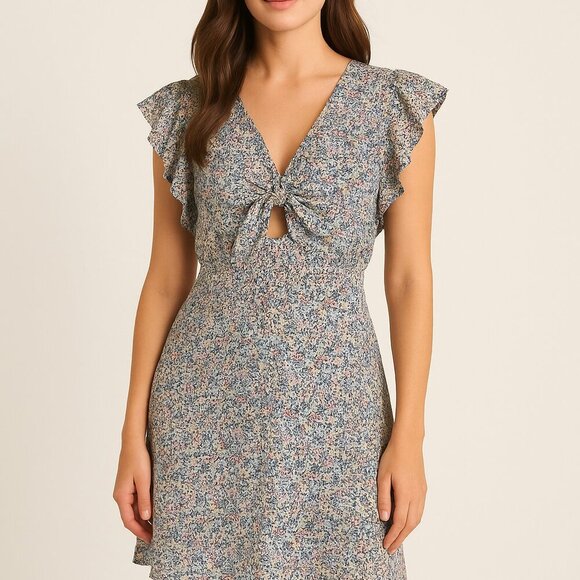 Monteau Los Angeles Floral Ruffle Sleeve Knot Front Mini Dress Size Large - Picture 1 of 6